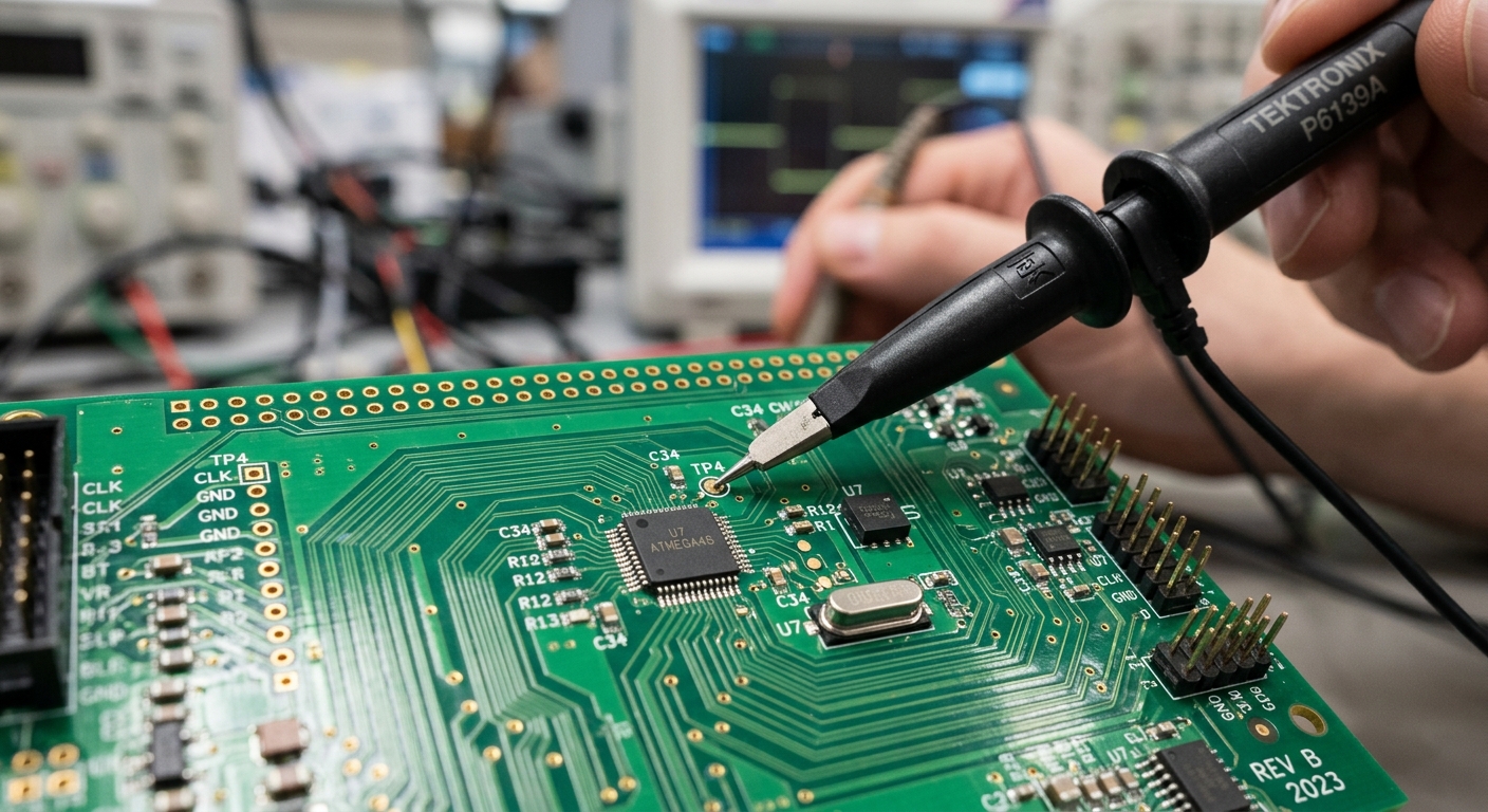 A close-up of a circuit board being tested with an oscilloscope.