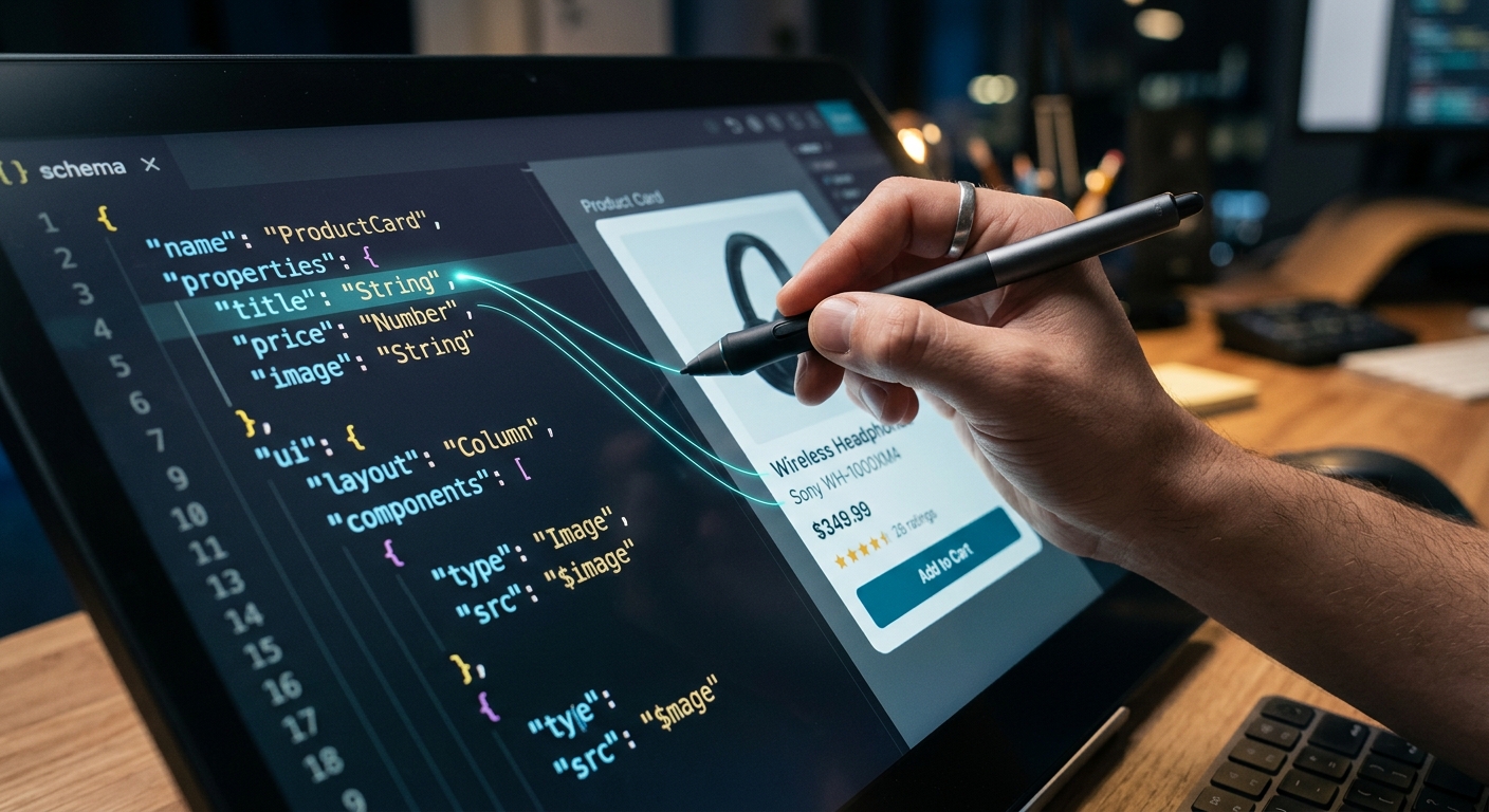 A close-up of a designer mapping a JSON schema to a UI component.