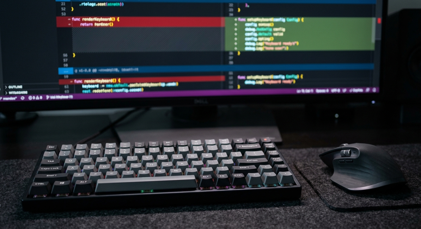 A close up of a mechanical keyboard with a blurred code editor in the background