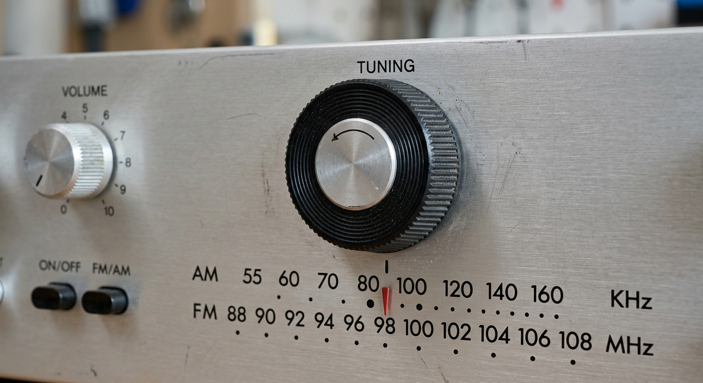 A close-up of a physical radio dial showing clear typography and tactile affordance.