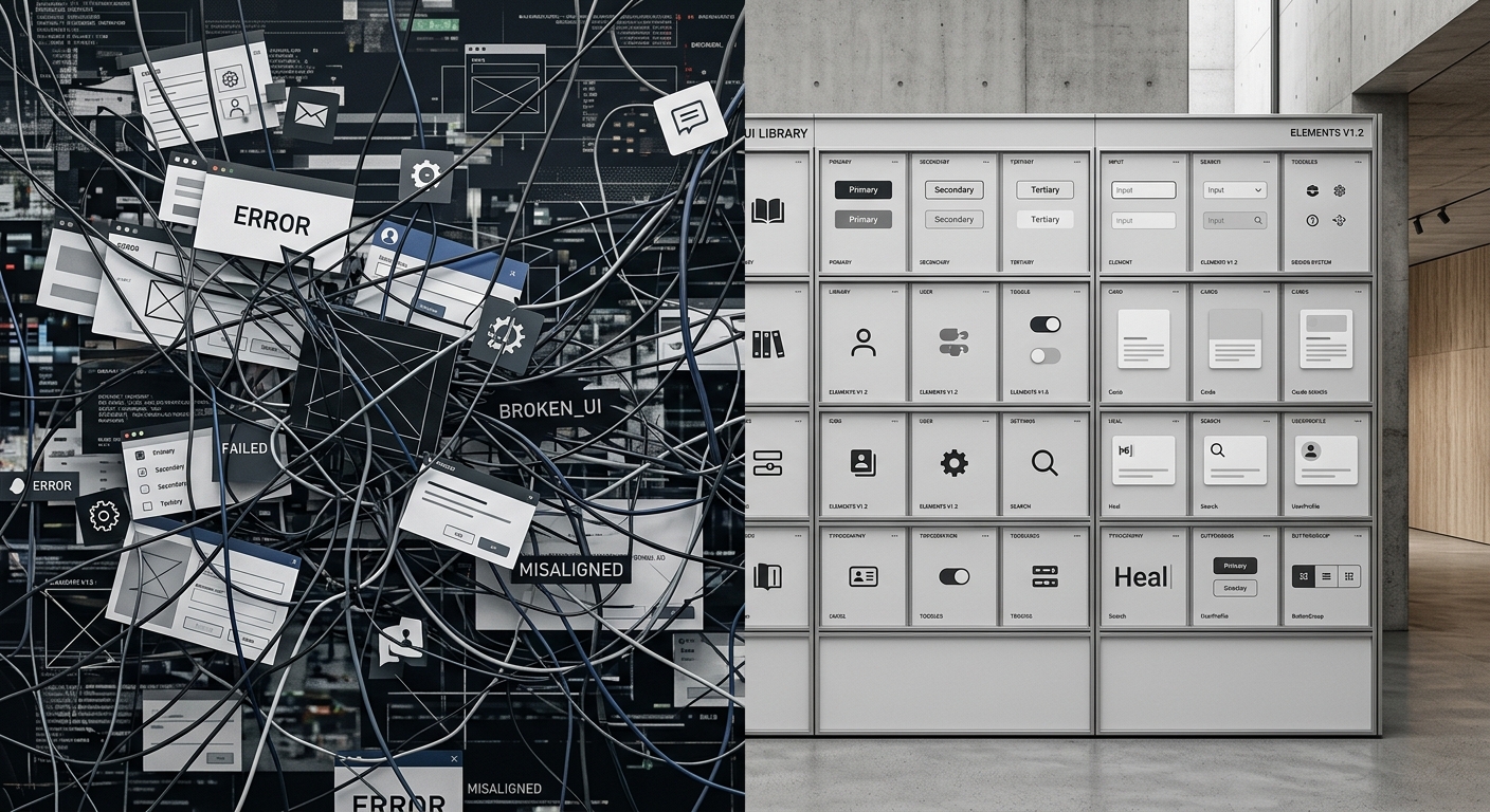 A comparison between chaotic unmanaged UI and structured schema-based UI.