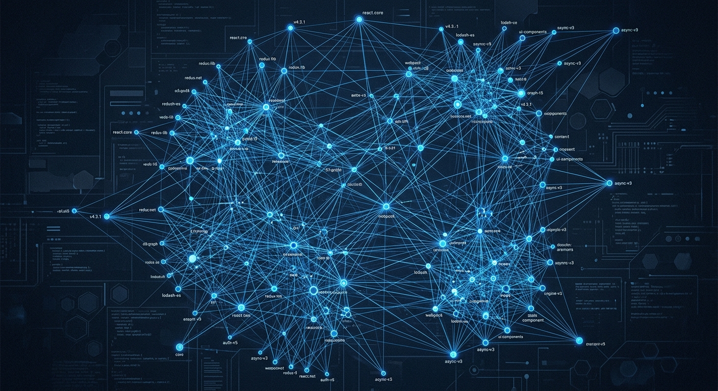 A complex software dependency graph representing a large codebase.