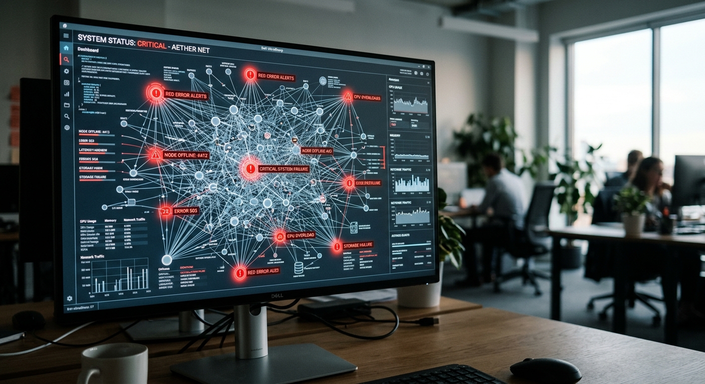 A complex system dashboard showing network nodes and error alerts.