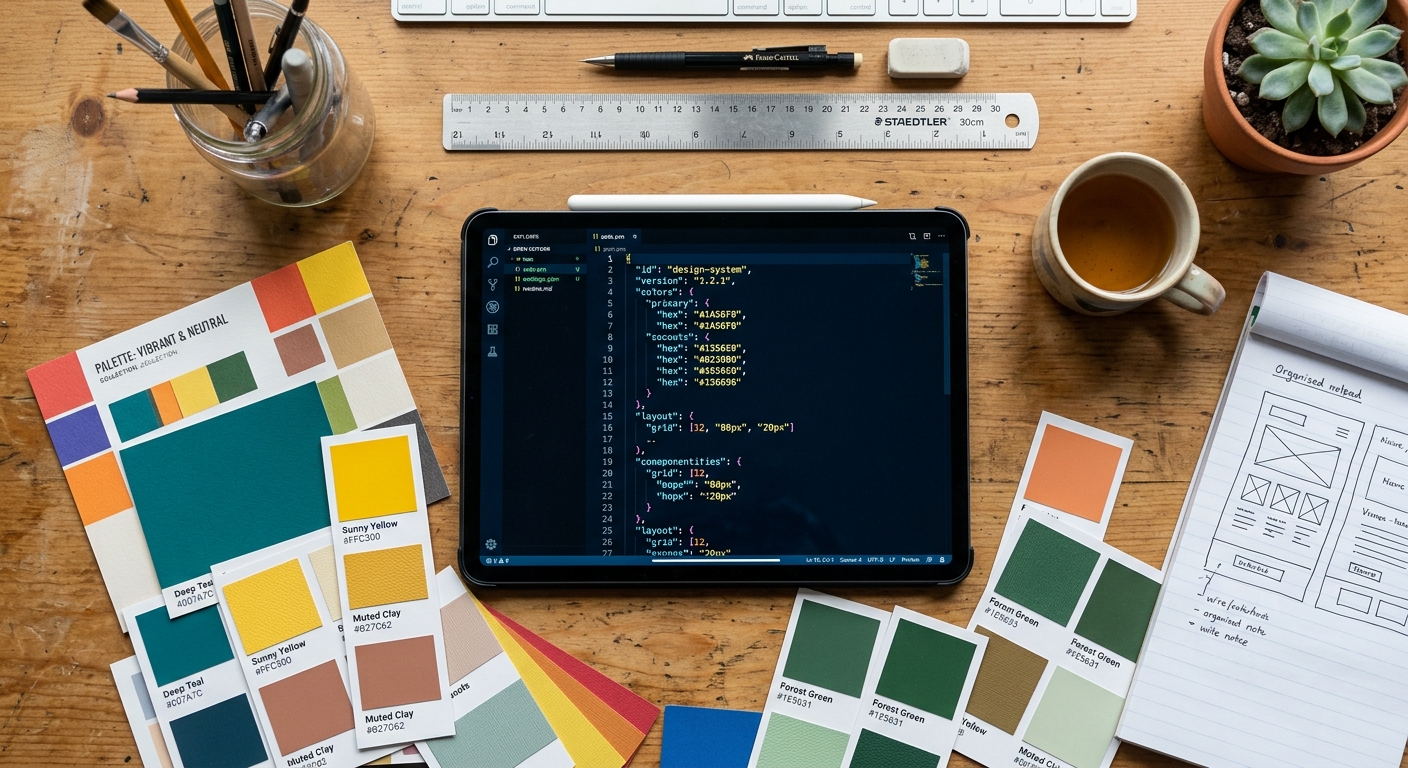 A designer's desk with physical color swatches and digital code.