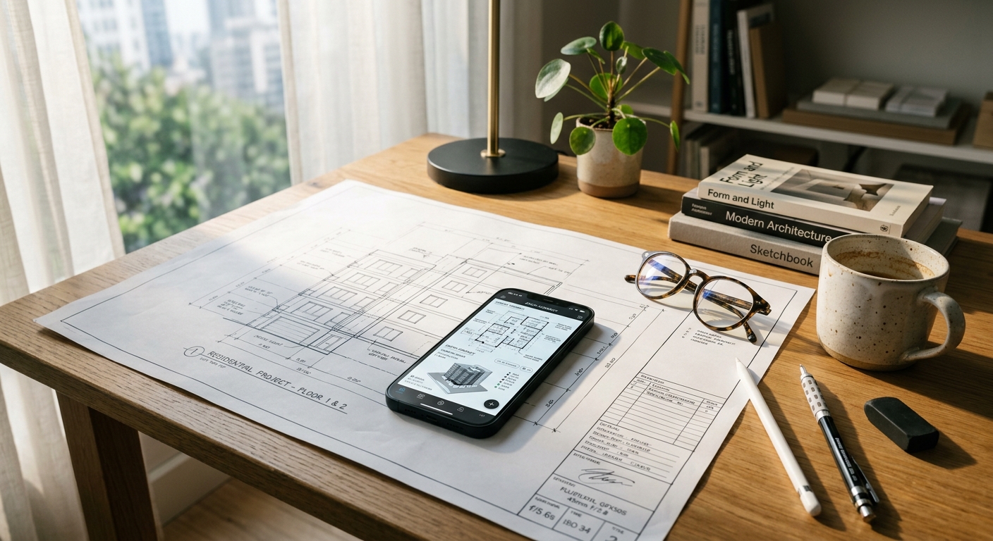 A designer's workspace showing the connection between physical blueprints and digital interfaces.