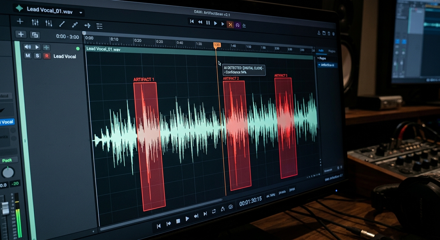 A digital audio waveform showing AI artifacts being identified.