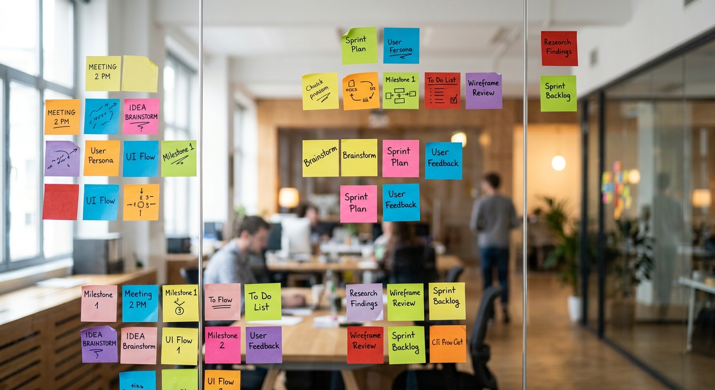 A glass wall covered in colorful sticky notes used for research synthesis.