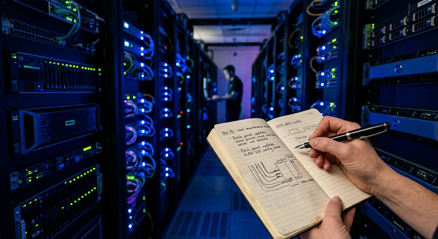 A human hand taking notes in a high-tech server room environment.