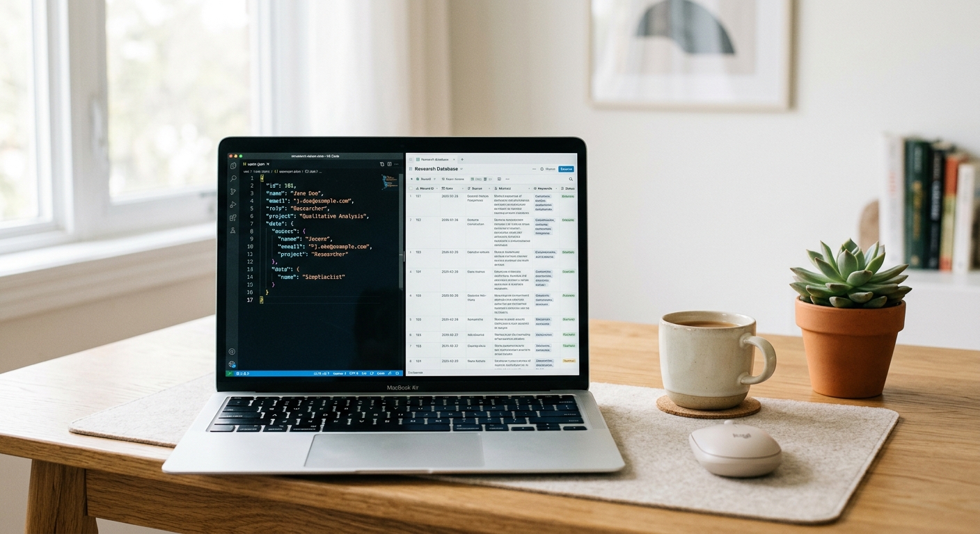 A laptop screen displaying structured JSON data and a research database.