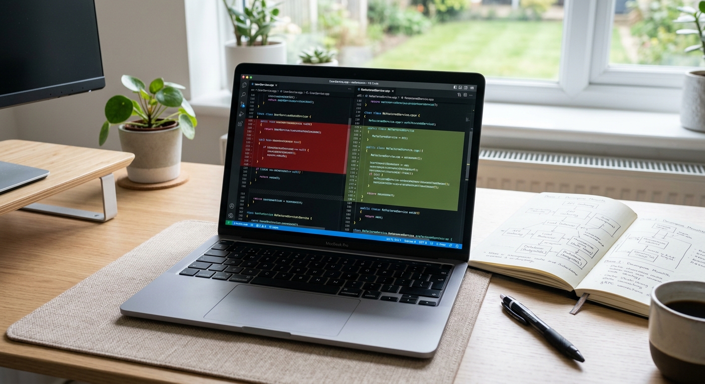 A laptop screen showing a code diff next to architectural sketches.
