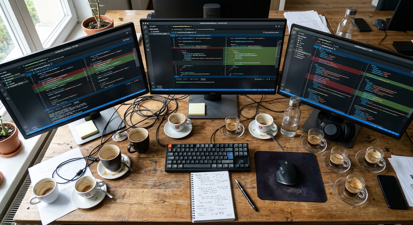 A messy developer desk with multiple monitors showing code