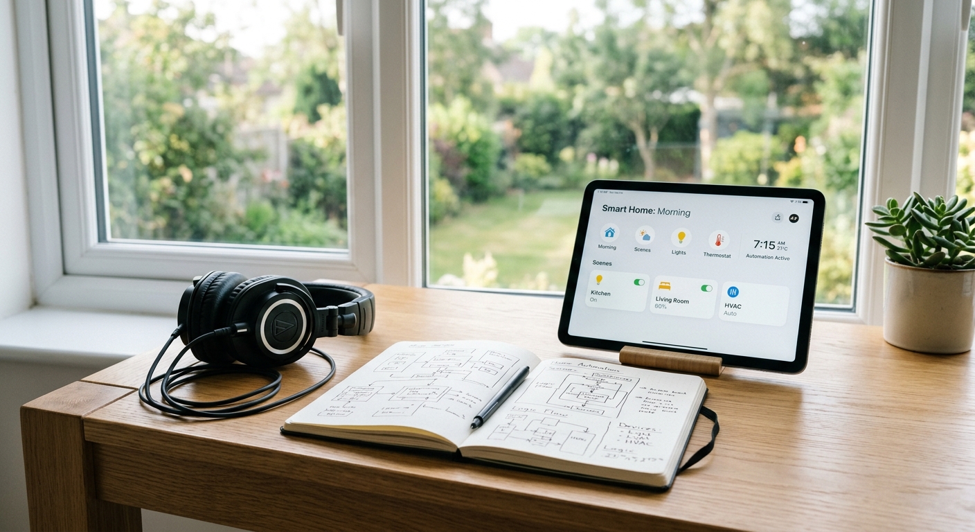 A minimalist creator workspace with headphones and an automation interface.
