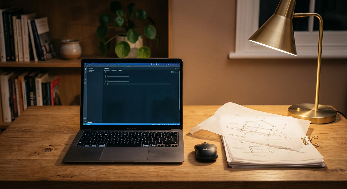 A minimalist workspace with tracing paper and a laptop