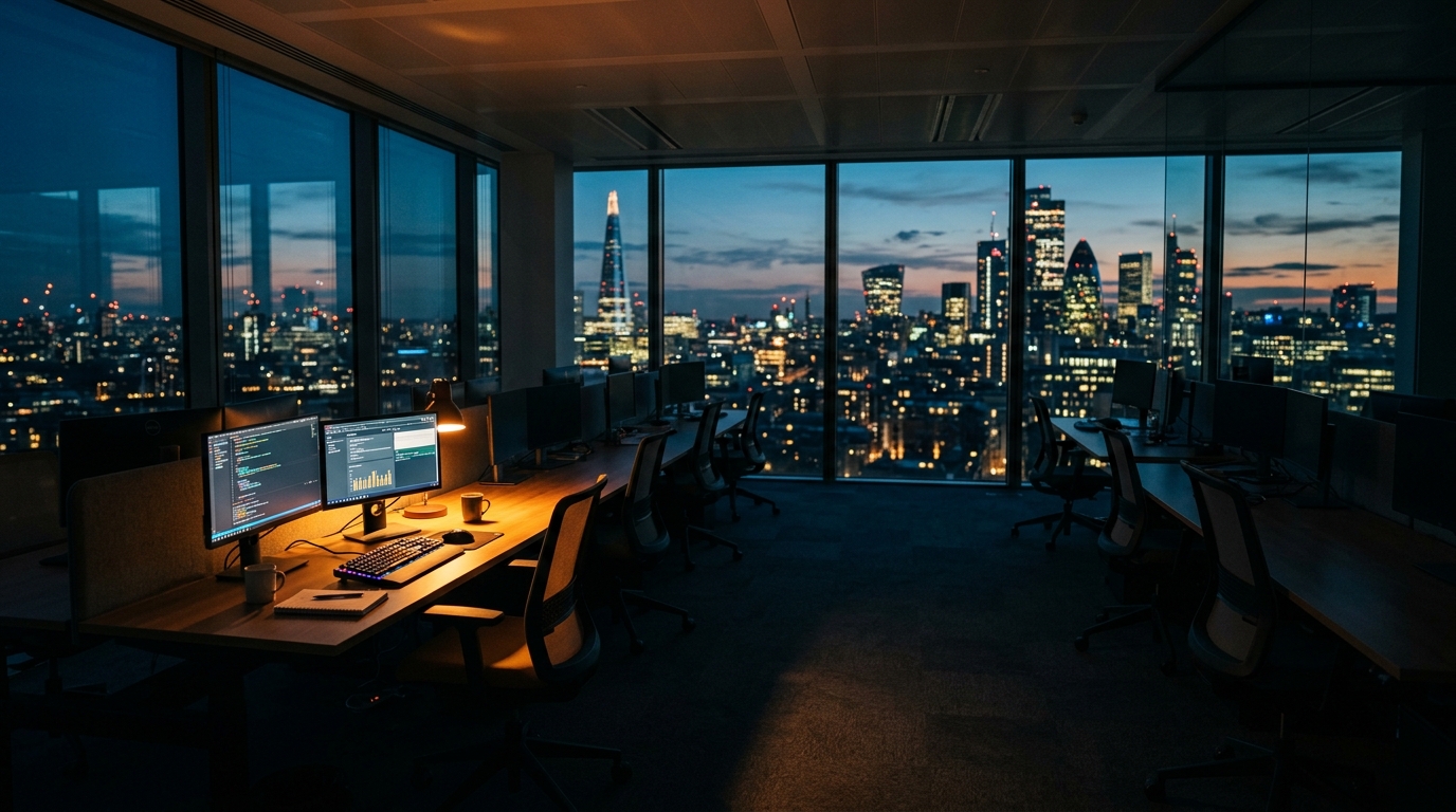 A modern office workstation at night with city views