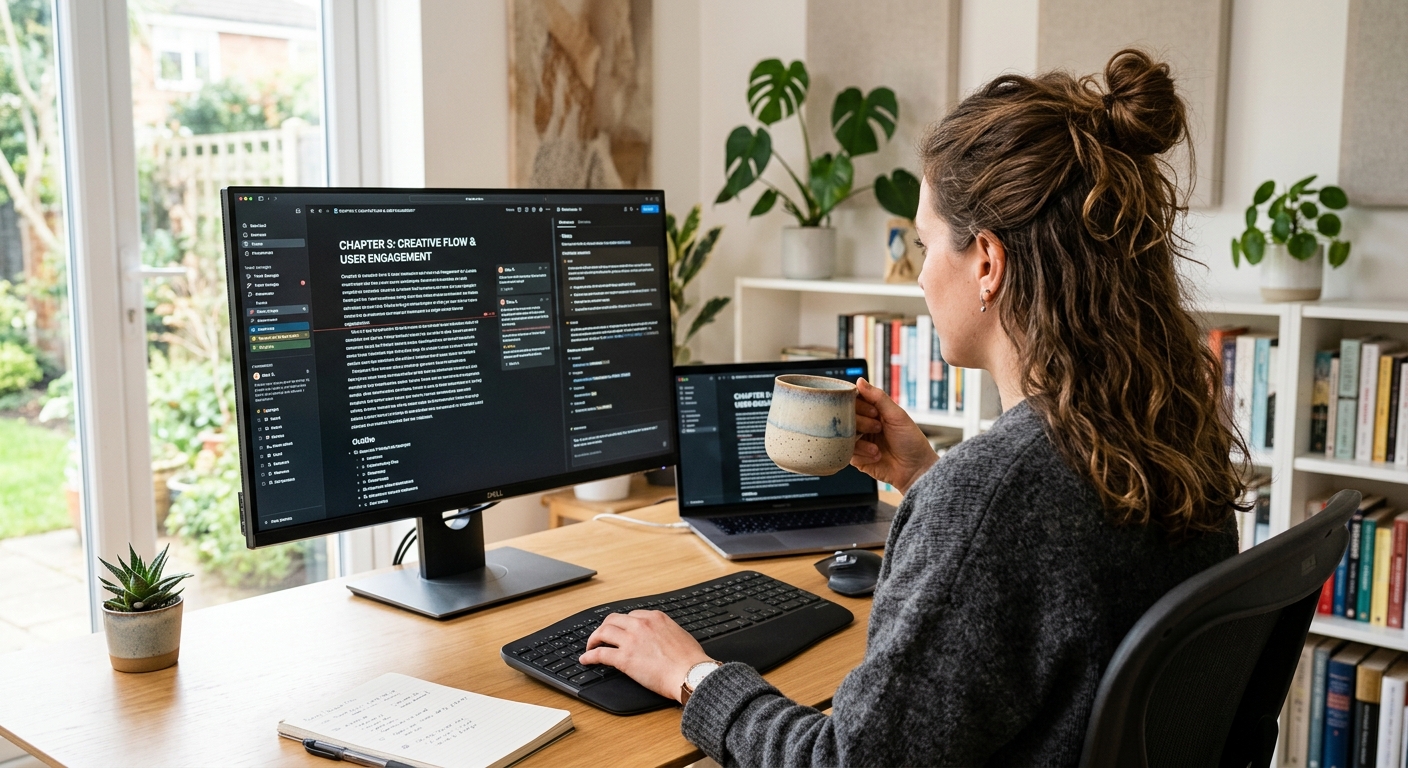 A person using a digital writing workspace in a comfortable home office environment.