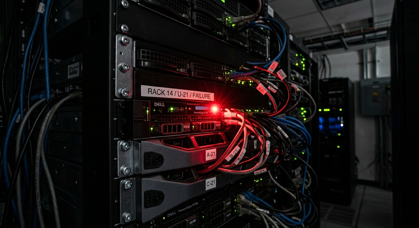 A server rack with a red error light indicating a production incident