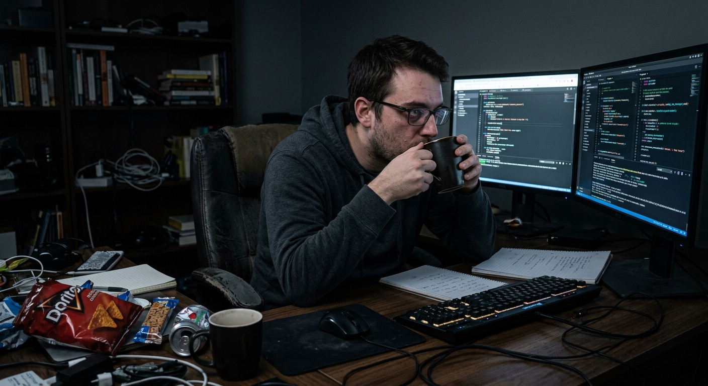A software engineer working late at night in a dark room.