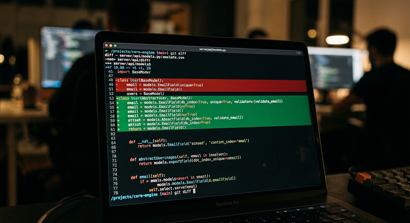 A terminal screen showing a complex git diff.