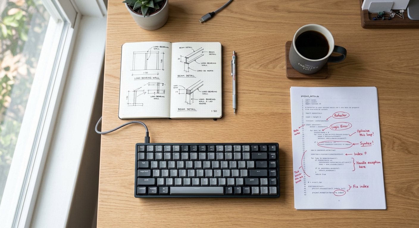 An engineer's desk with code diagrams and a mechanical keyboard.