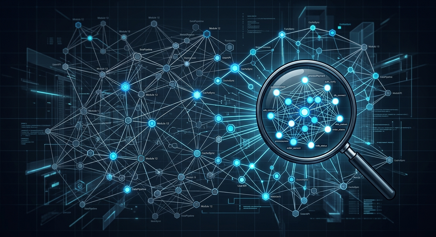 An illustration of a complex codebase network with a search focus.