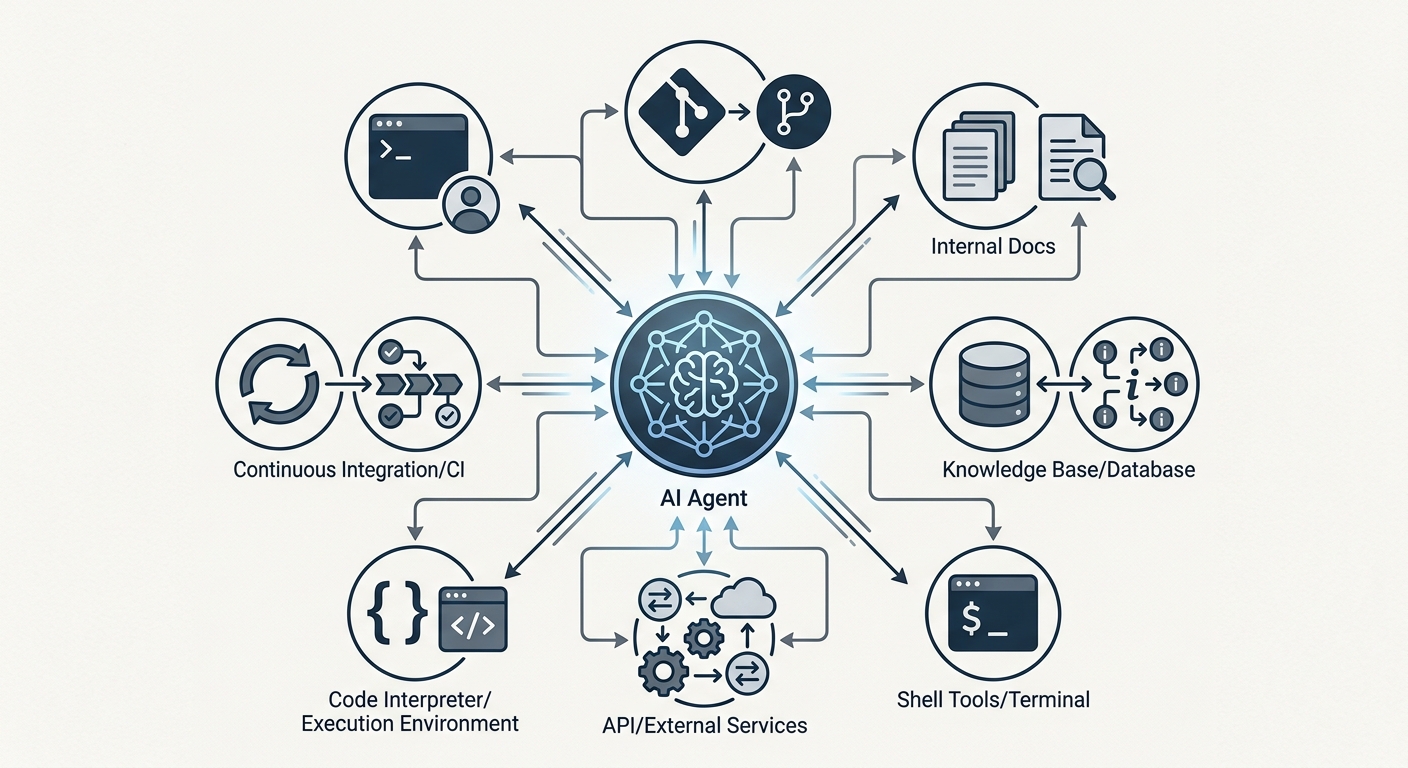 Architectural diagram of an AI agent connecting to developer tools.