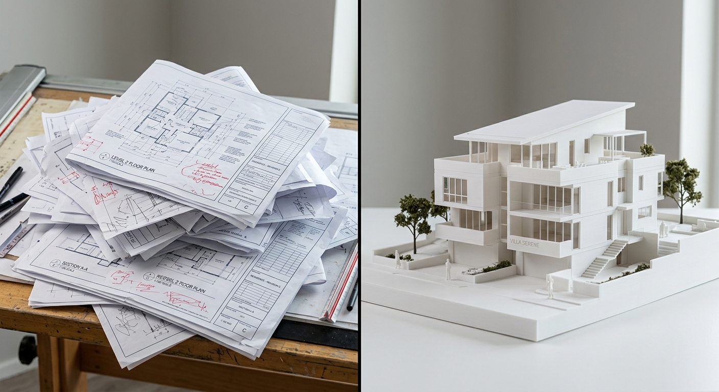 Blueprints transforming into a structured 3D model.