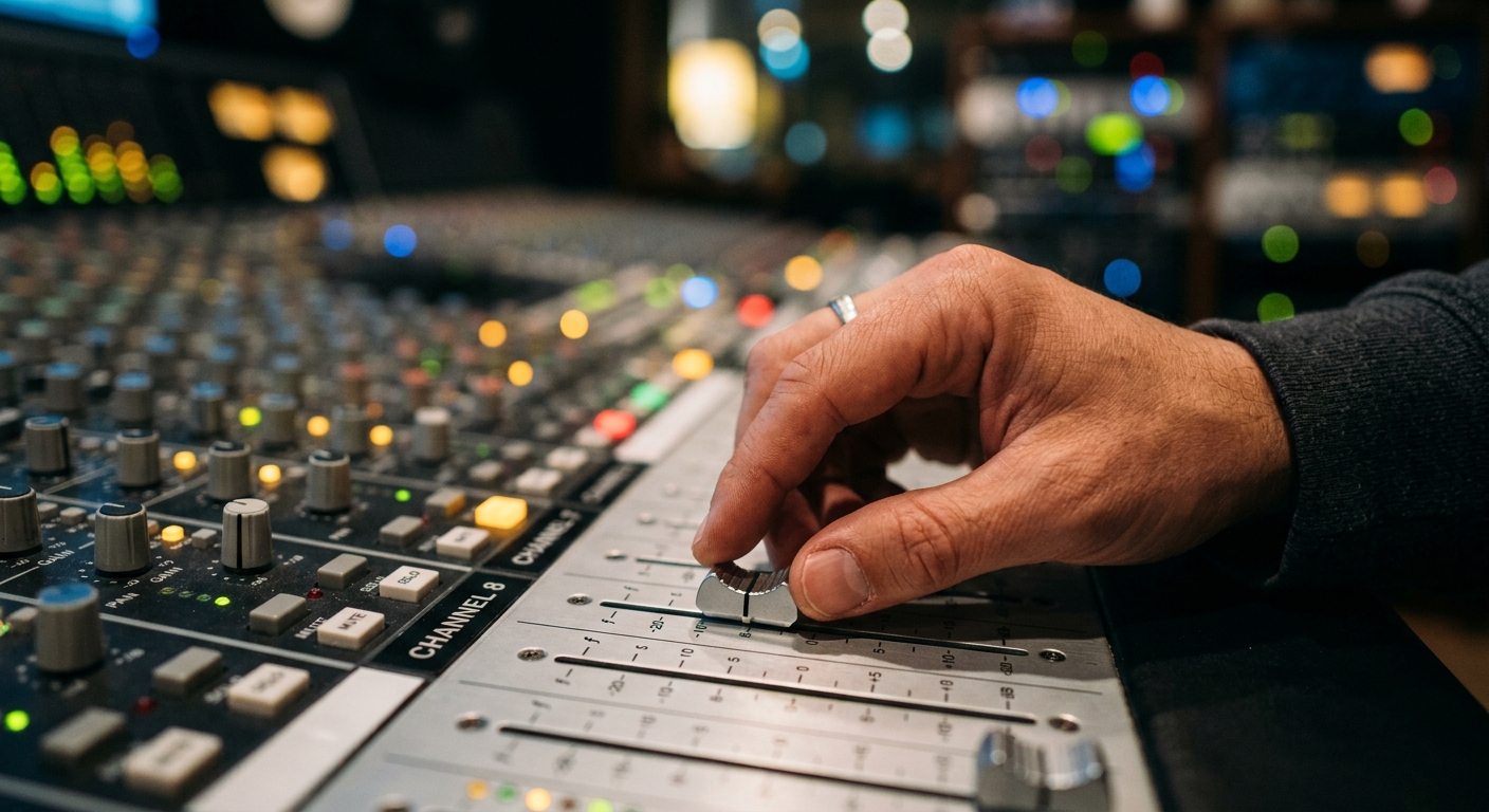 Close up of a hand on a mixing console representing precise creative control.