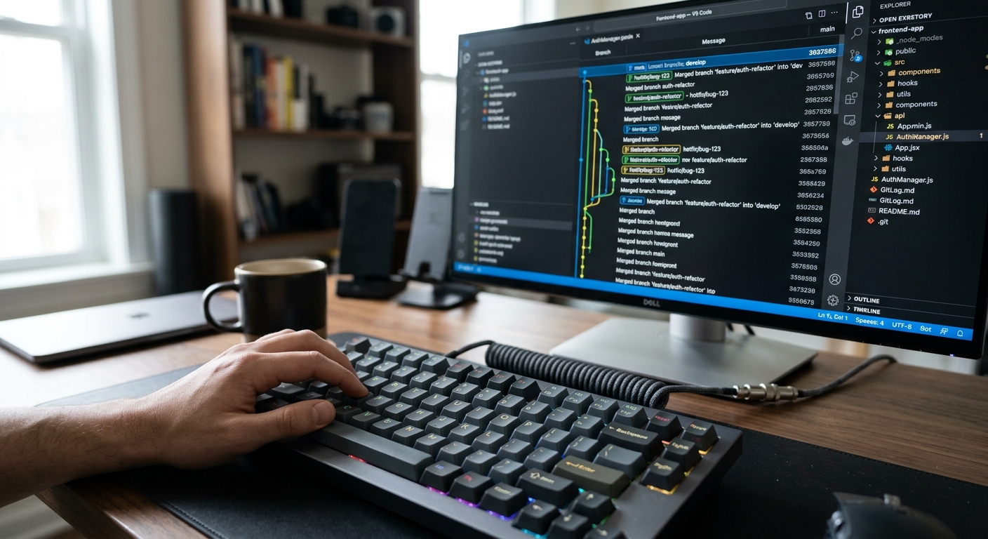 Close-up of a terminal showing a complex git merge graph.