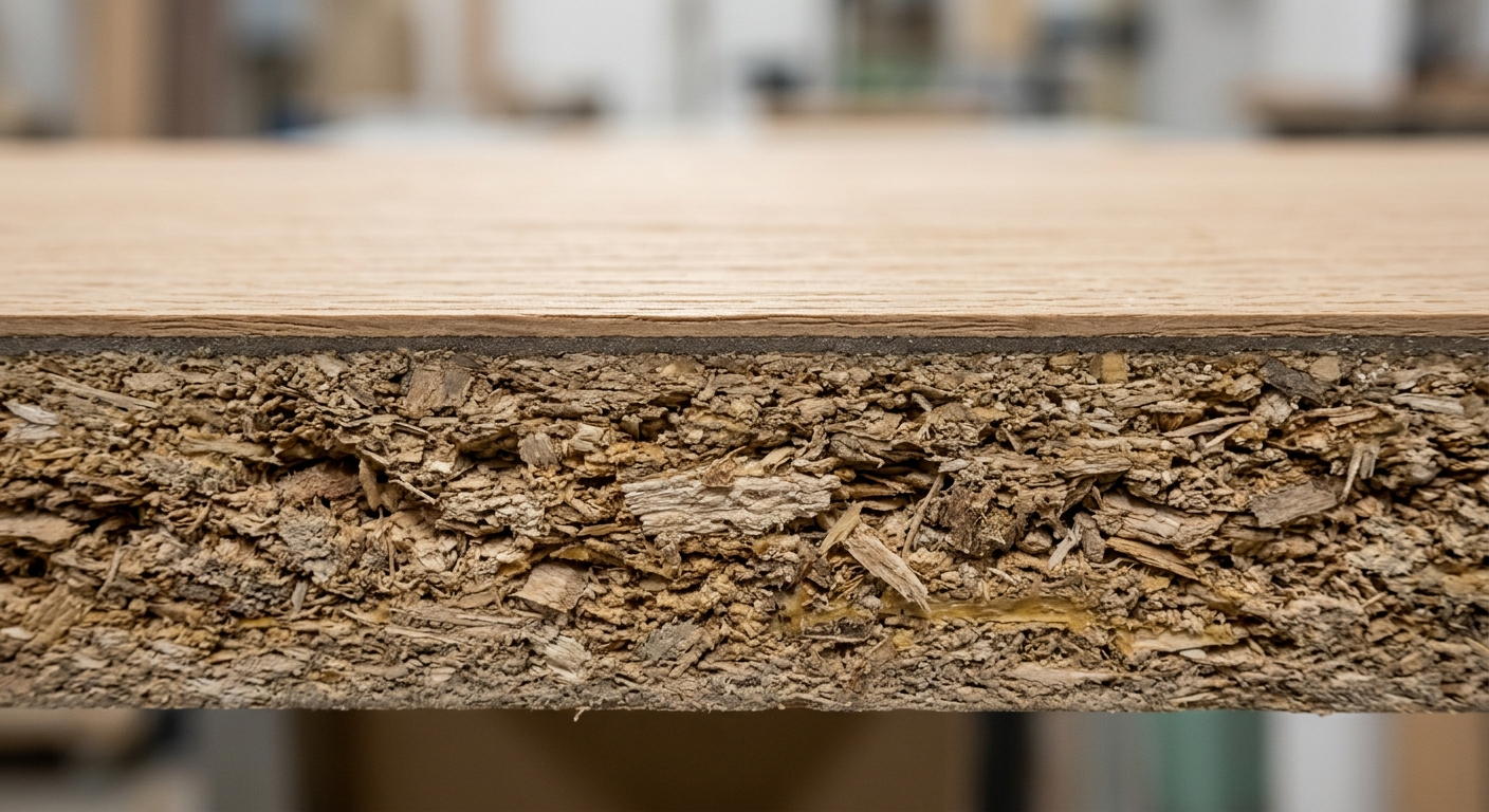 Close up of a wood veneer seam showing the layer between natural and synthetic materials.
