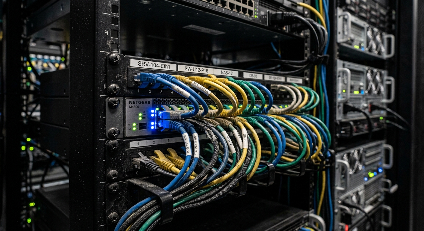 Close-up of server rack hardware in a data center.