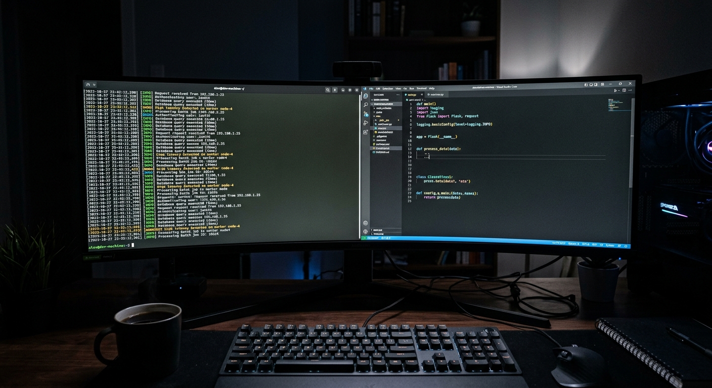Code editor and terminal logs side-by-side