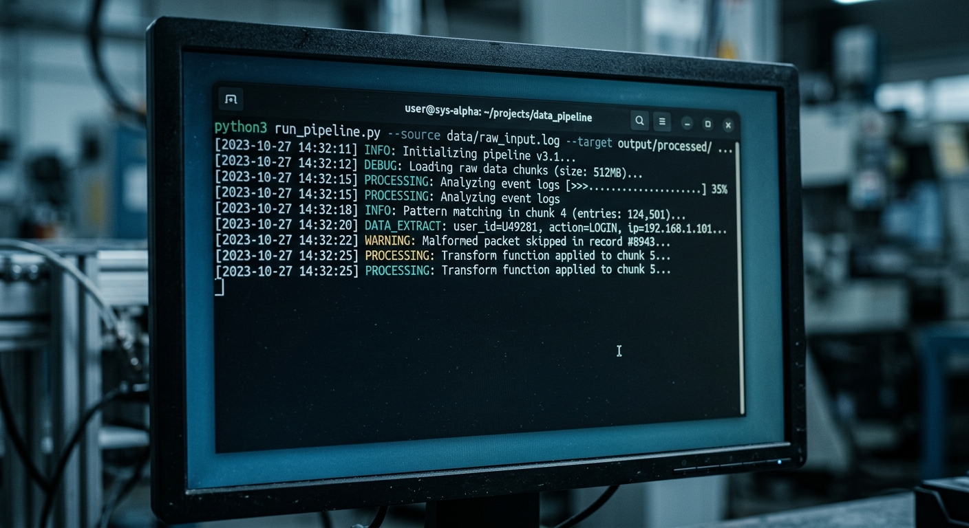 Coding terminal showing data processing logs