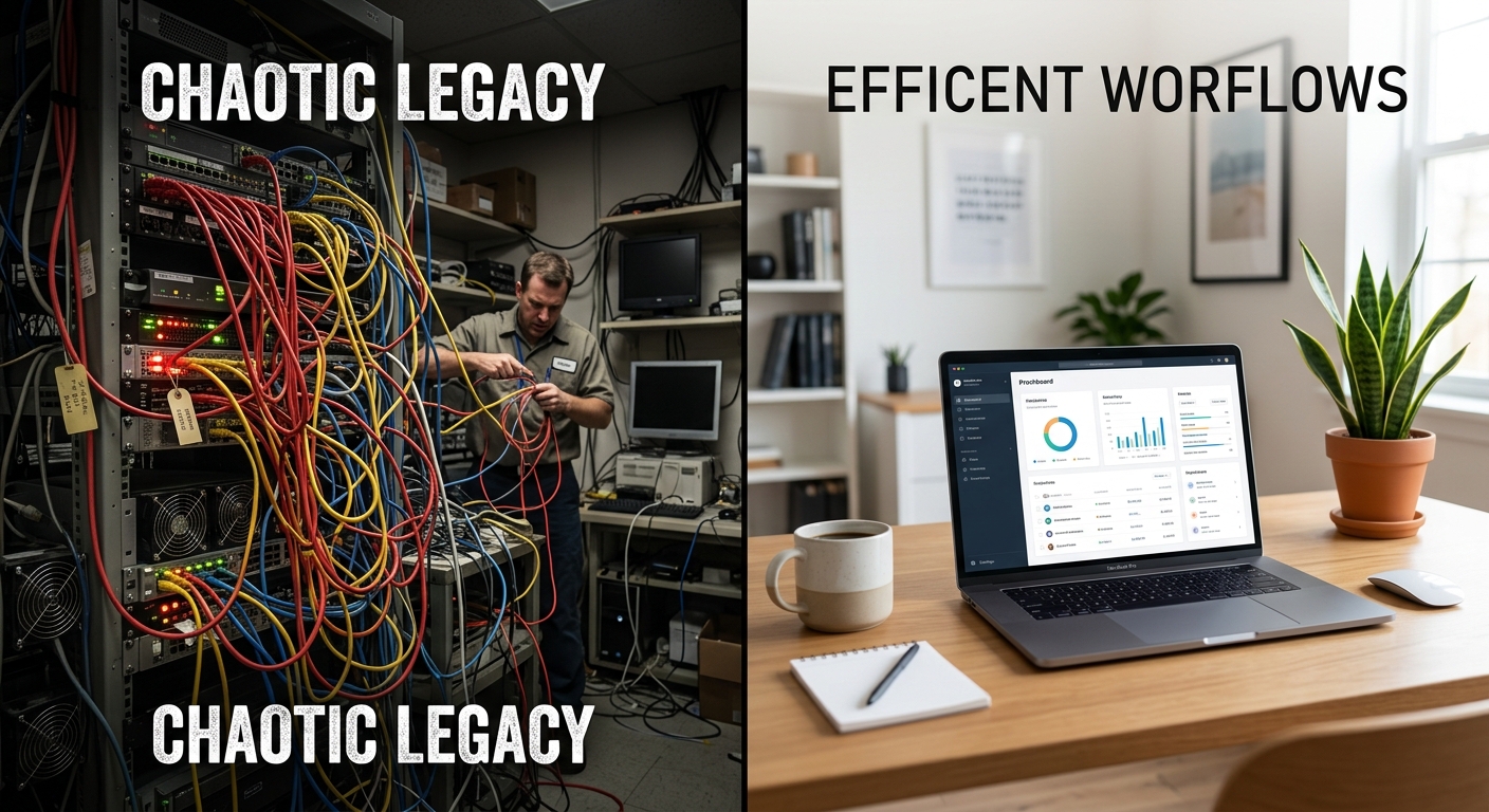 Comparison between chaotic over-engineering and streamlined AI workflows.