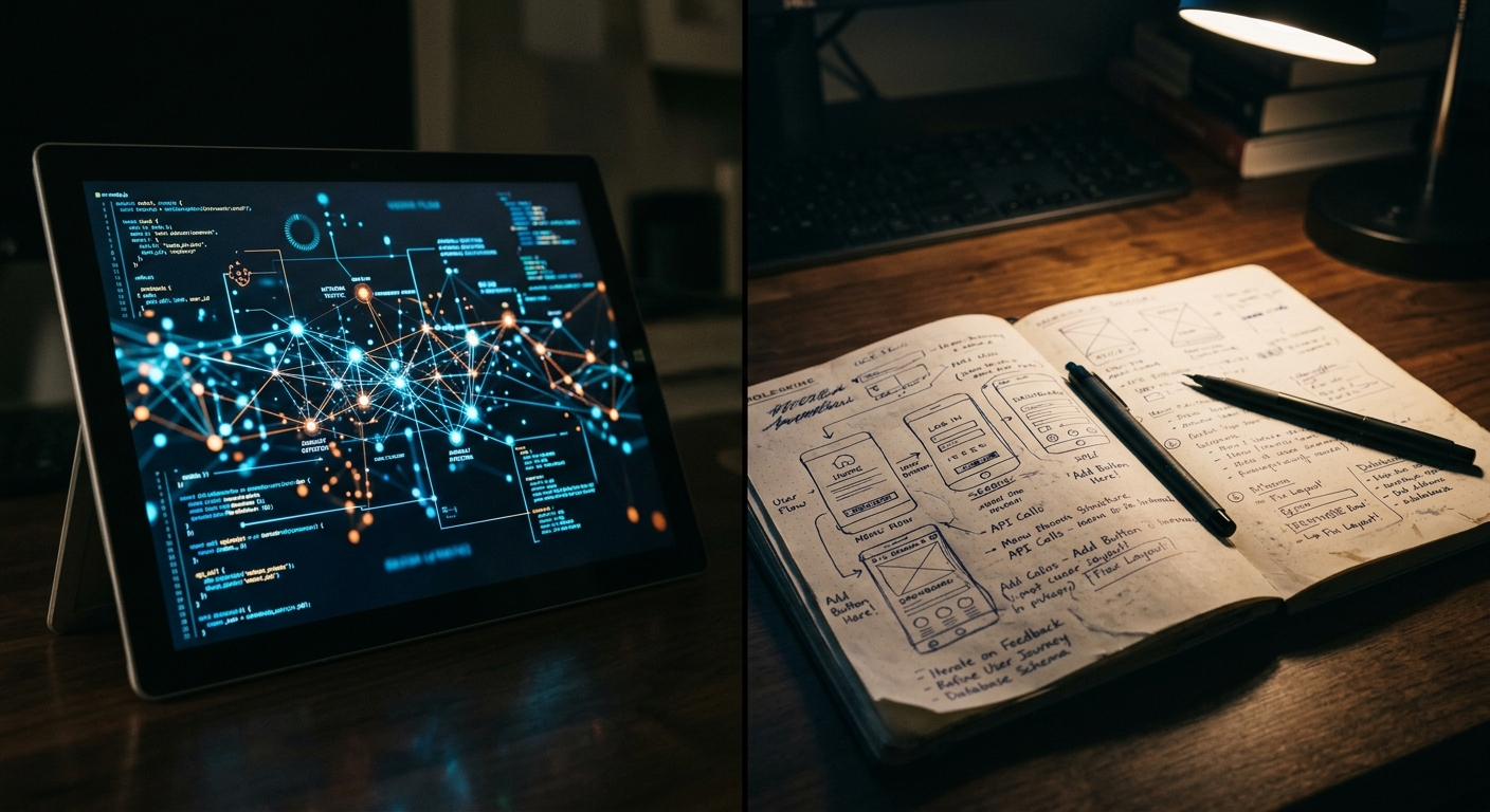 Comparison between digital AI data and physical human research notes.