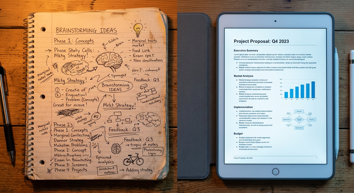 Comparison between the messy process of human writing and the sterile perfection of digital generation.