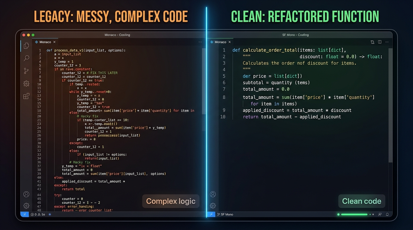 Comparison of complex AI logic versus clean deterministic code.