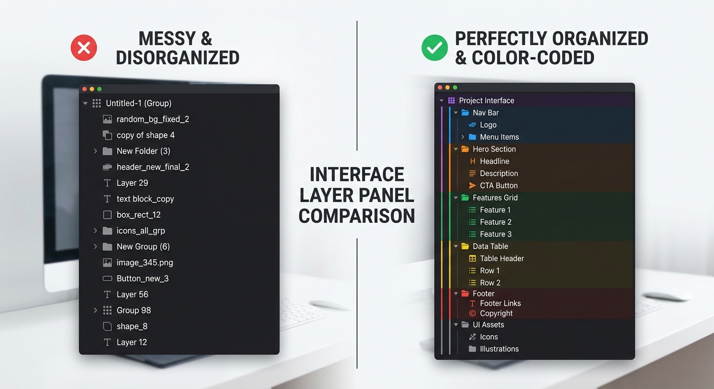 Comparison of messy versus organized Figma layers.