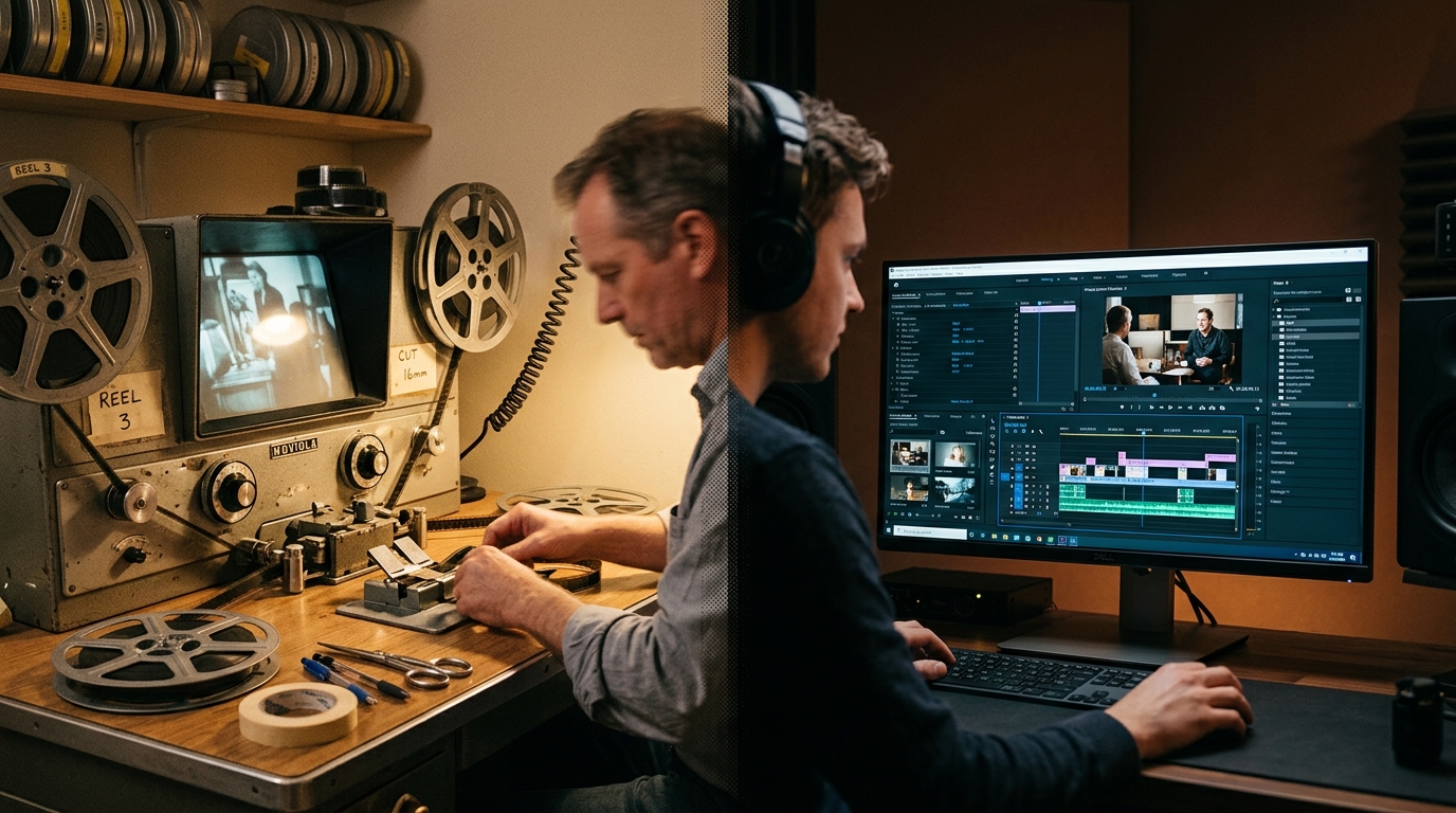 Comparison of vintage film editing and modern digital video editing interfaces.
