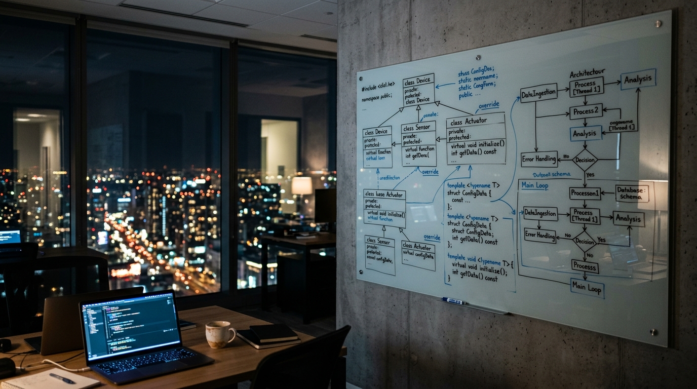 Complex C++ class hierarchy diagram on a glass whiteboard