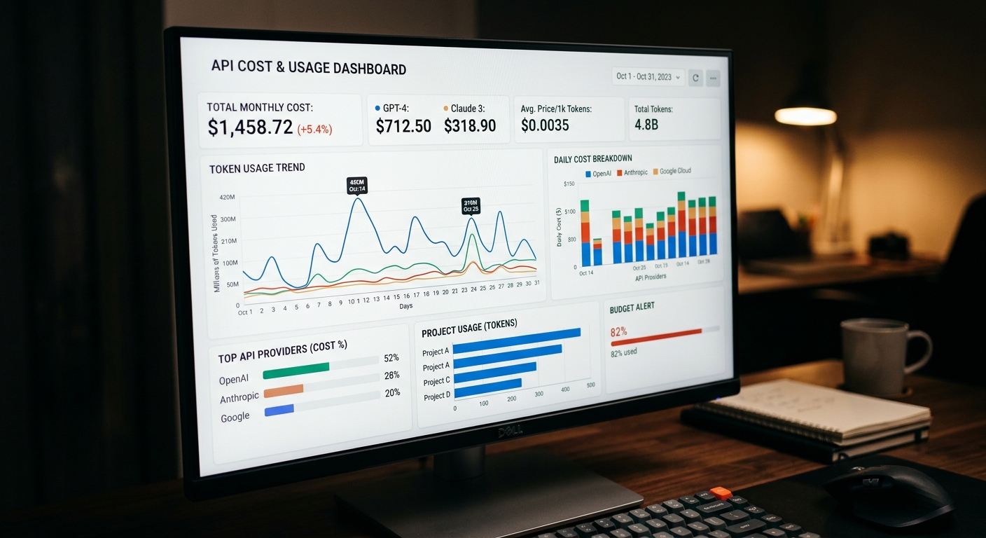 Dashboard showing API cost management and token usage for AI workflows