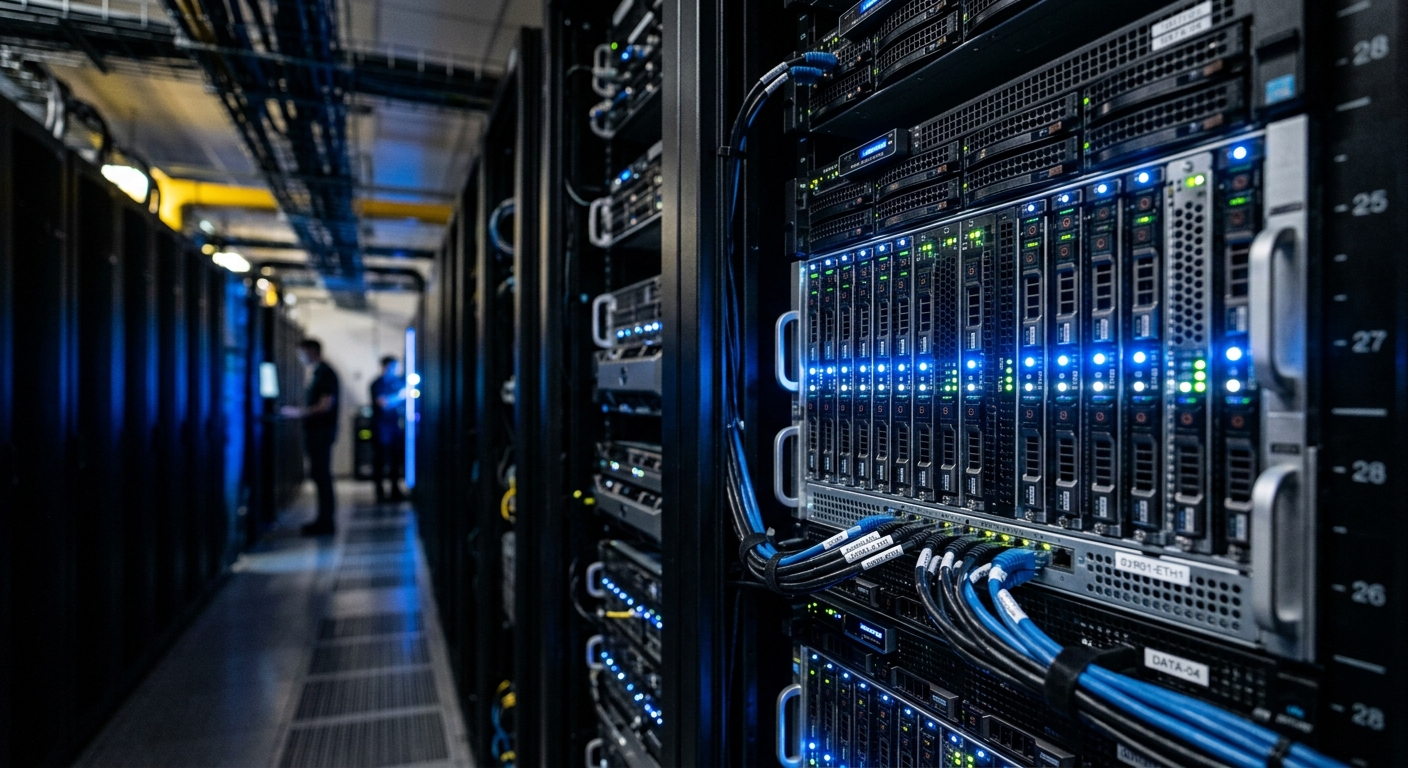 Data center server rack with blinking lights