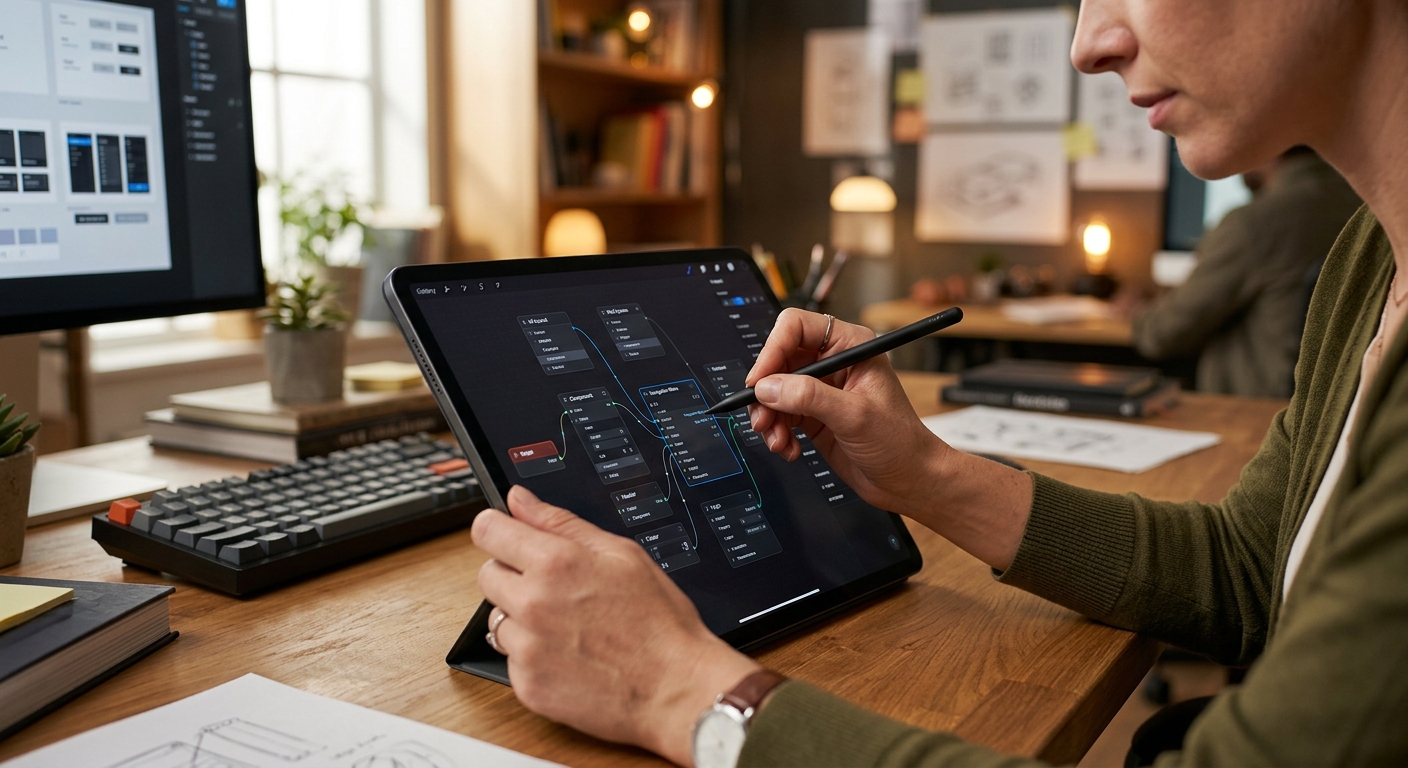 Designer using a tablet to refine a digital interface.