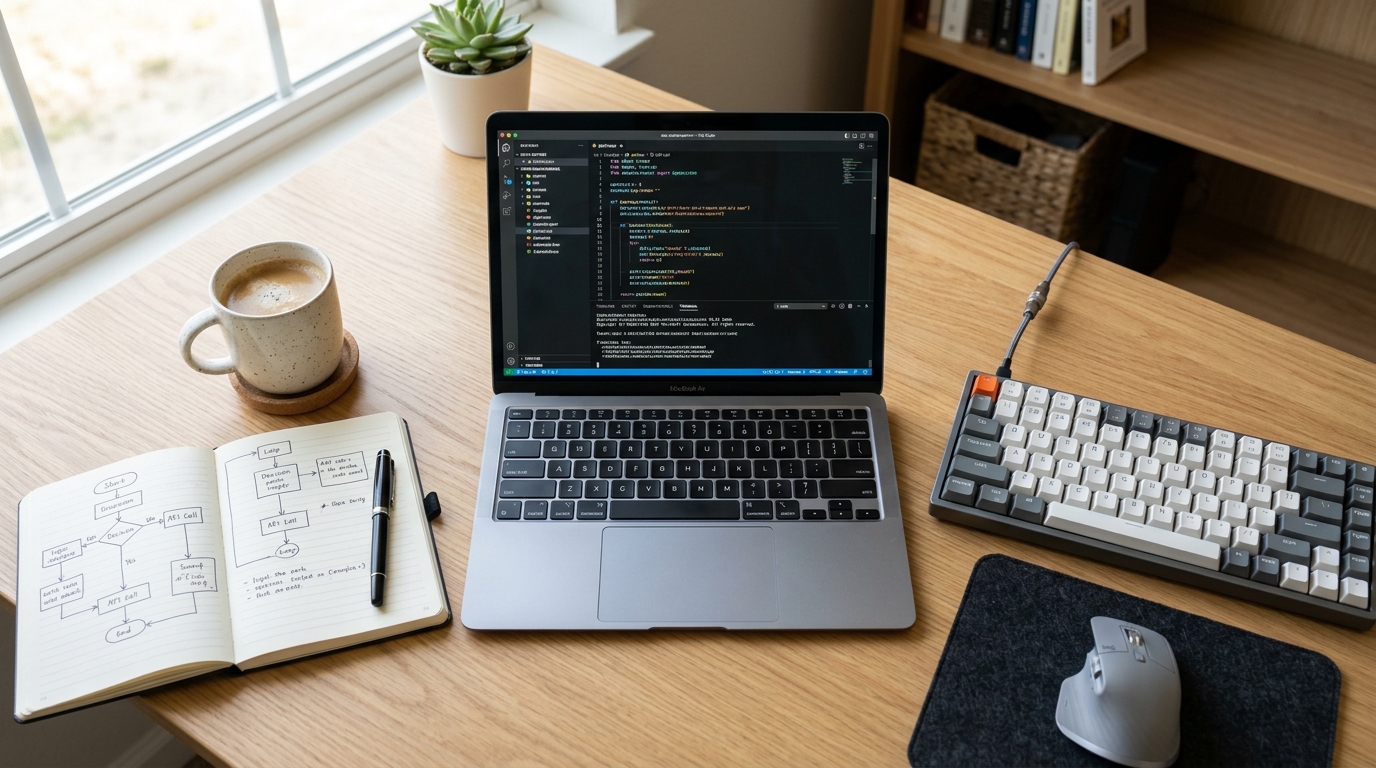 Developer desk with code and flowcharts