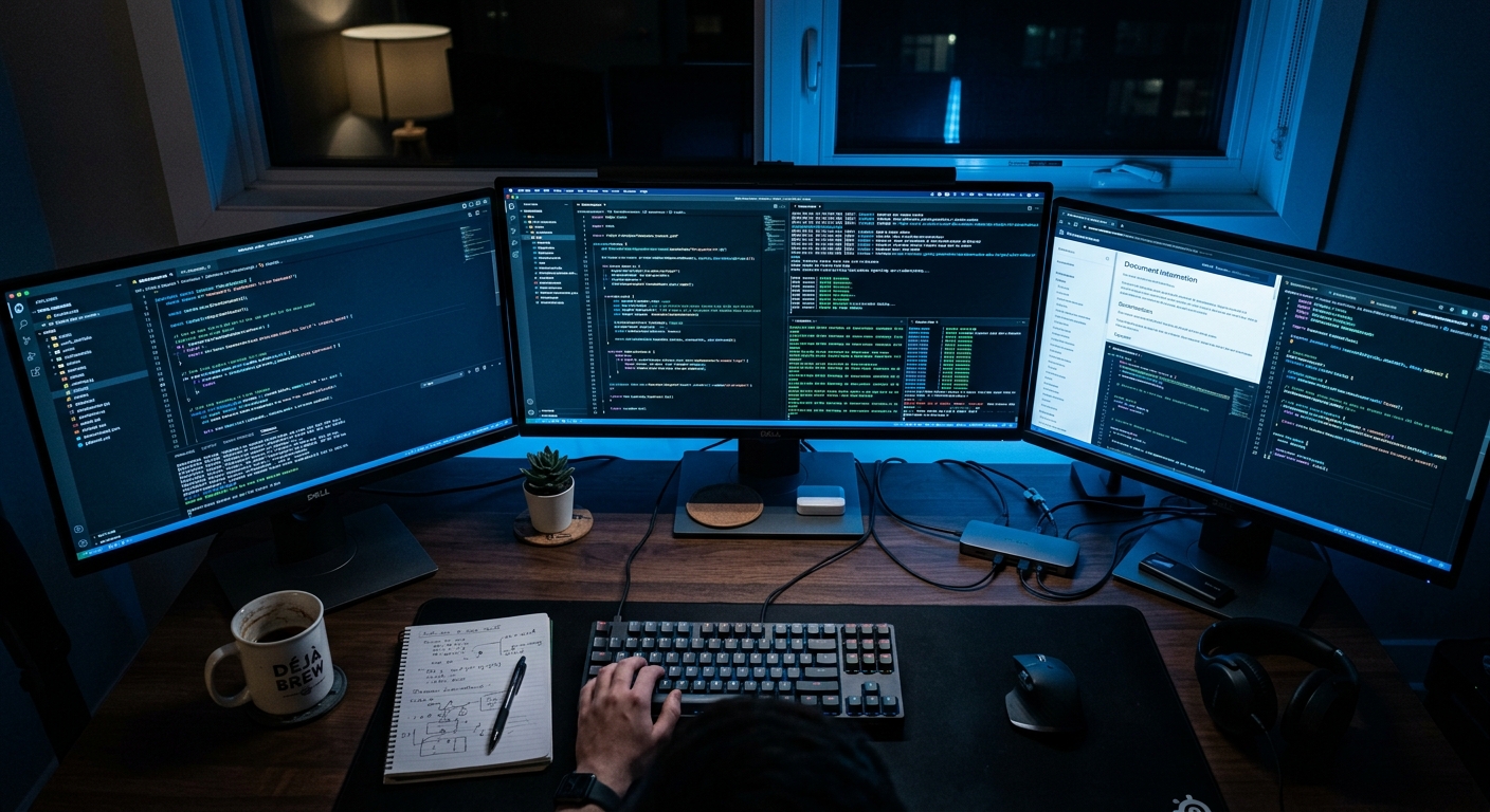 Developer desk with code and logs at night.