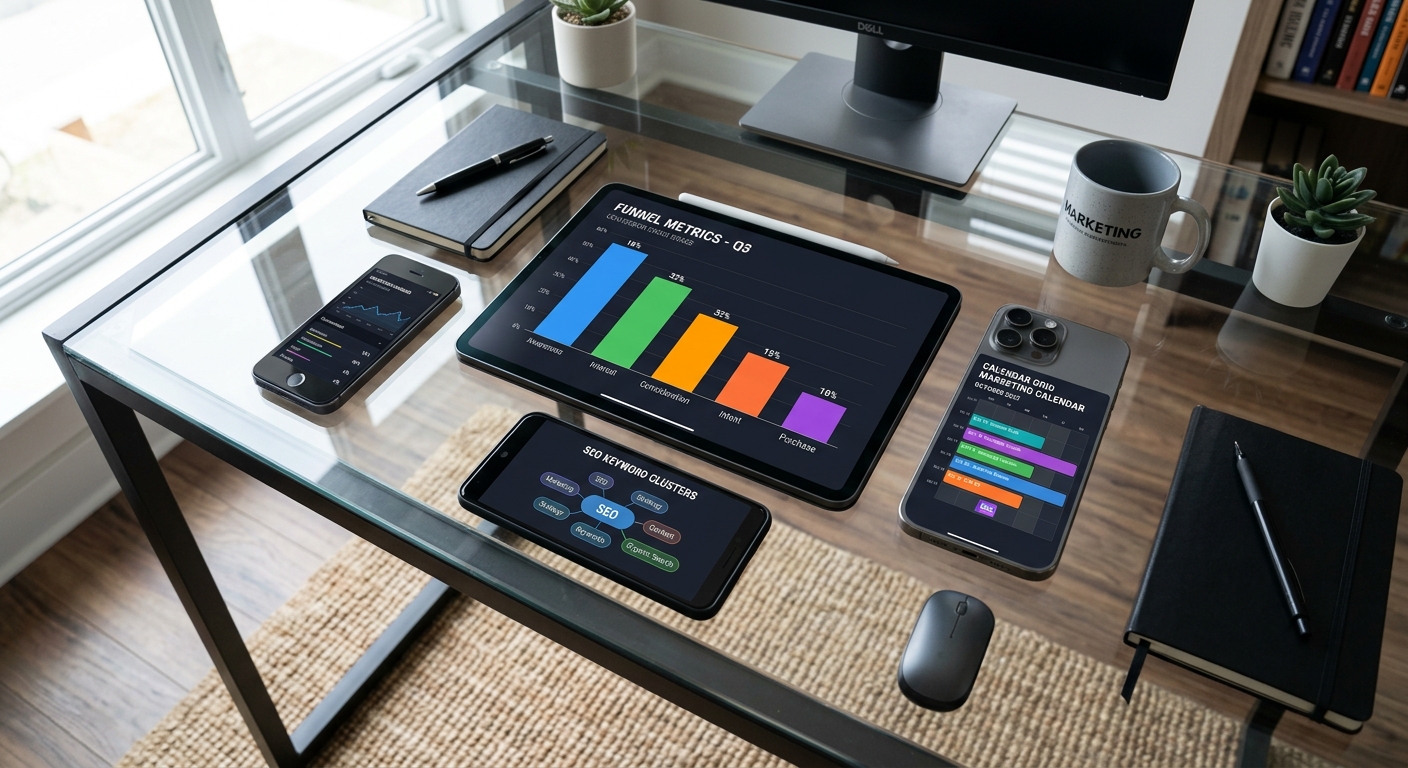 Digital marketing funnel and keyword clustering displayed on multiple devices.