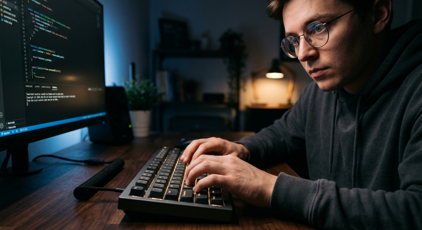 Engineer typing on a keyboard in a dark room
