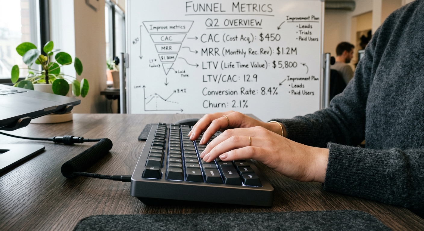 Founder tracking unit economics on a whiteboard.