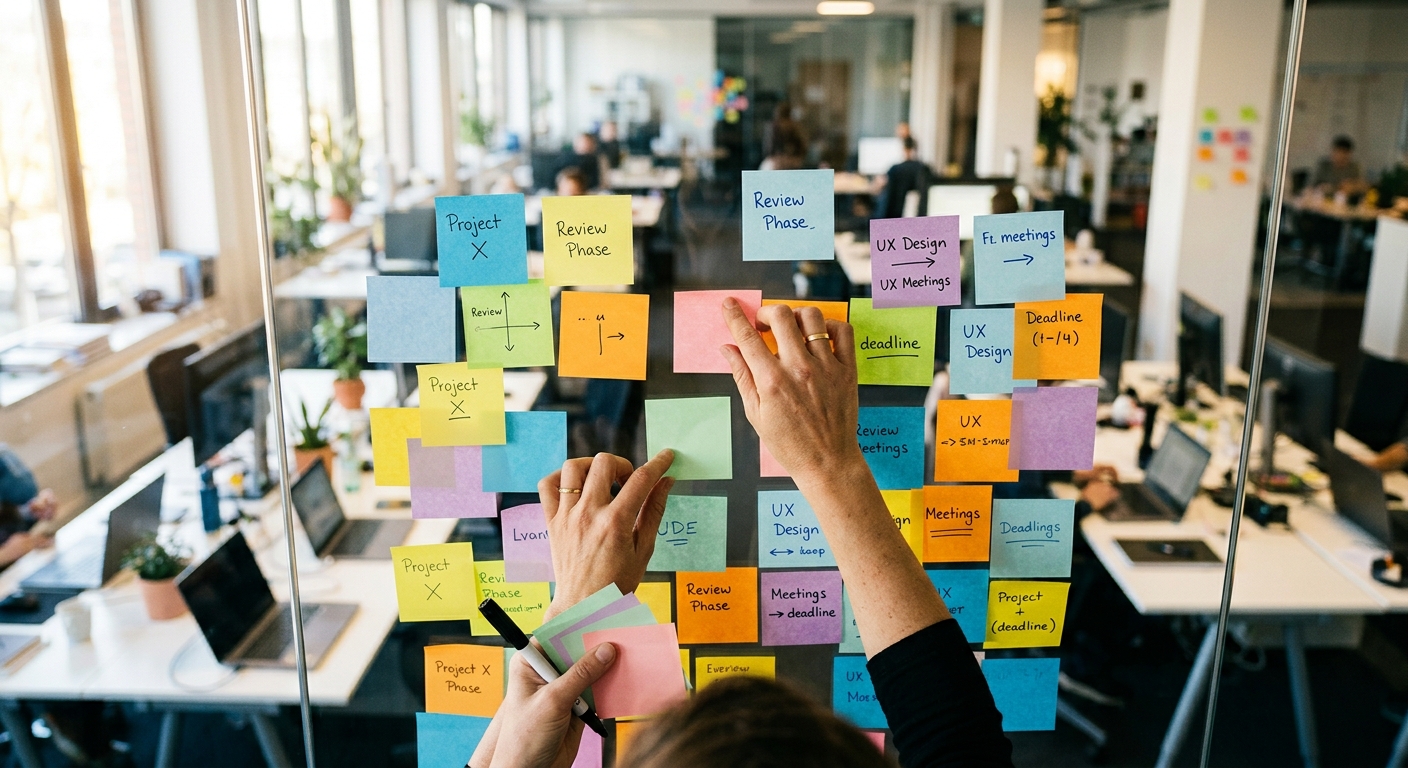 Hands organizing sticky notes during a product discovery session.