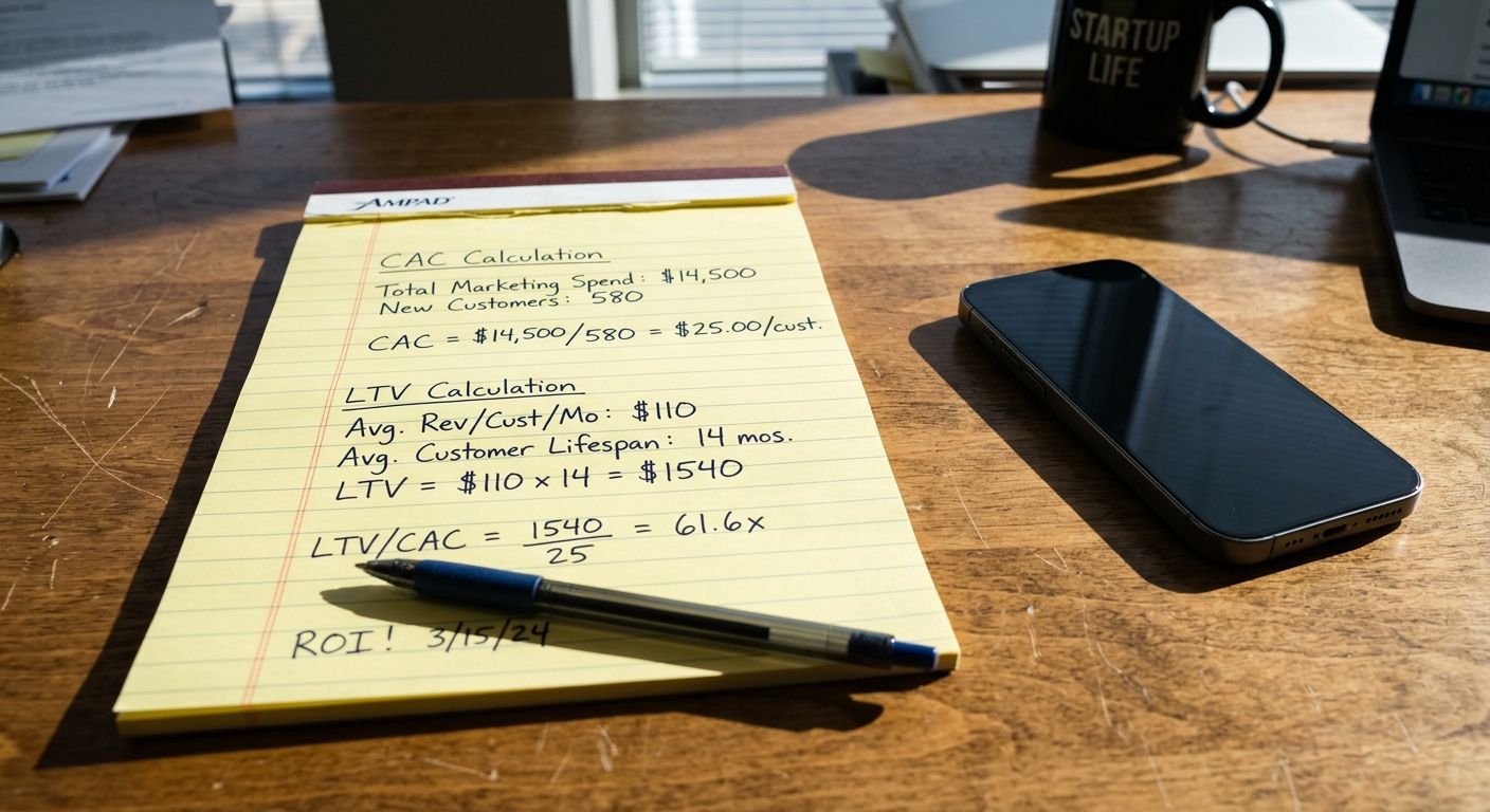 Handwritten unit economics calculations on a legal pad