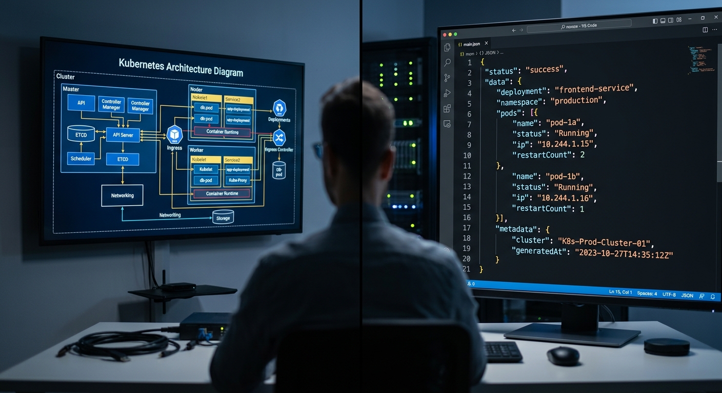 Kubernetes architecture next to structured API data